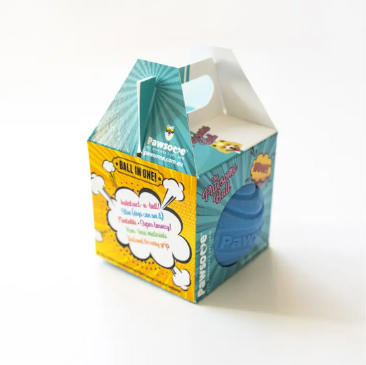Colourful packaging box for The Pawsome Ball with branding on a white background.